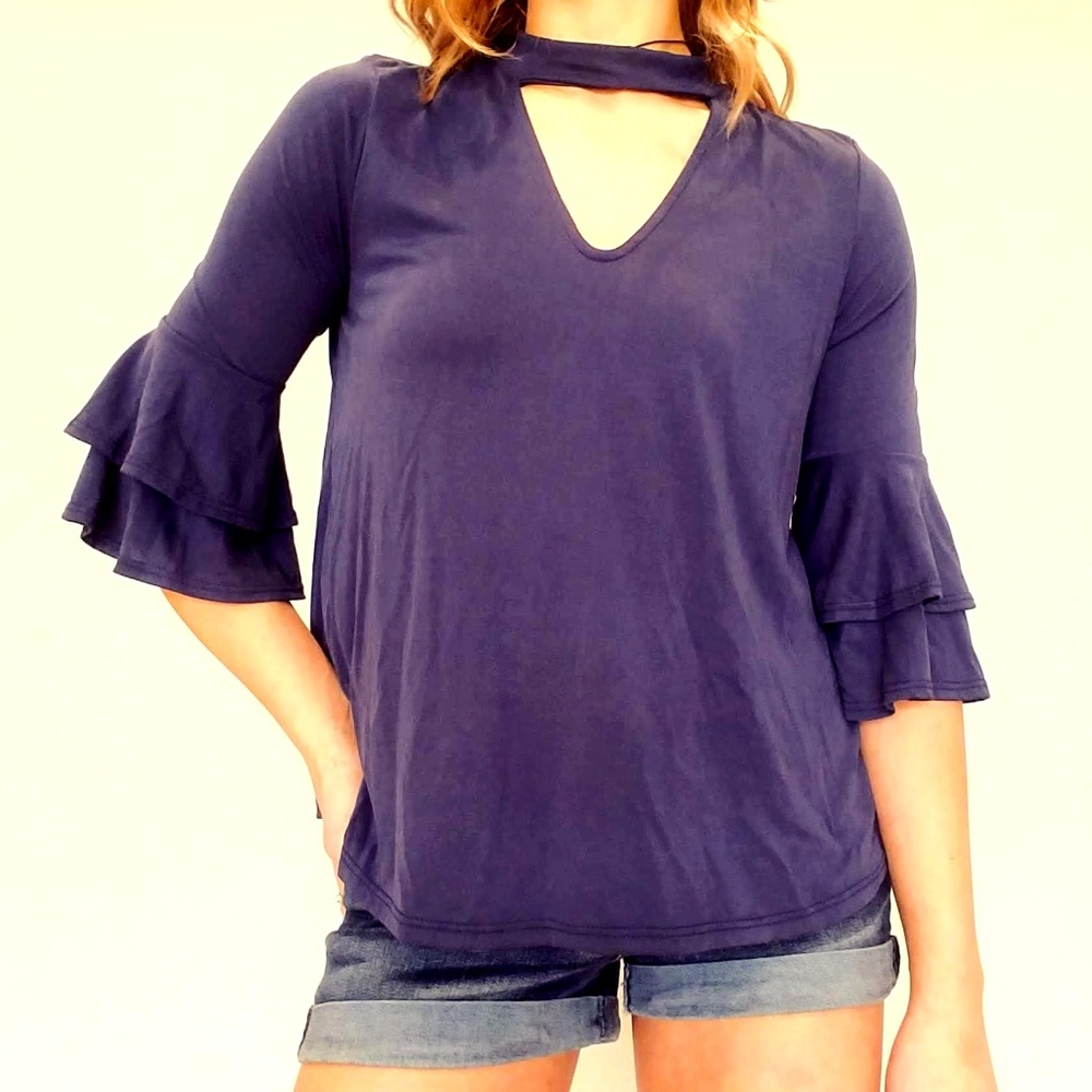 Miami Choker Neck Ruffle Bell Sleeve Blouse NWOT